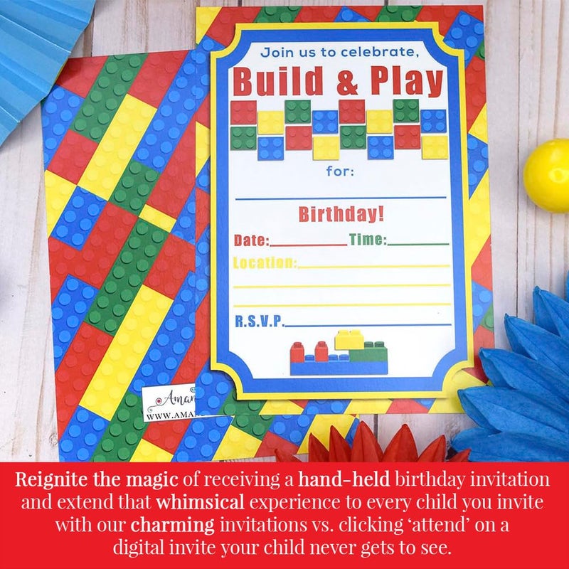 Amanda Creation Building Blocks Birthday Party Invitations, 20 5x7 Fill In Cards with Twenty White Envelopes by AmandaCreation - Image 4